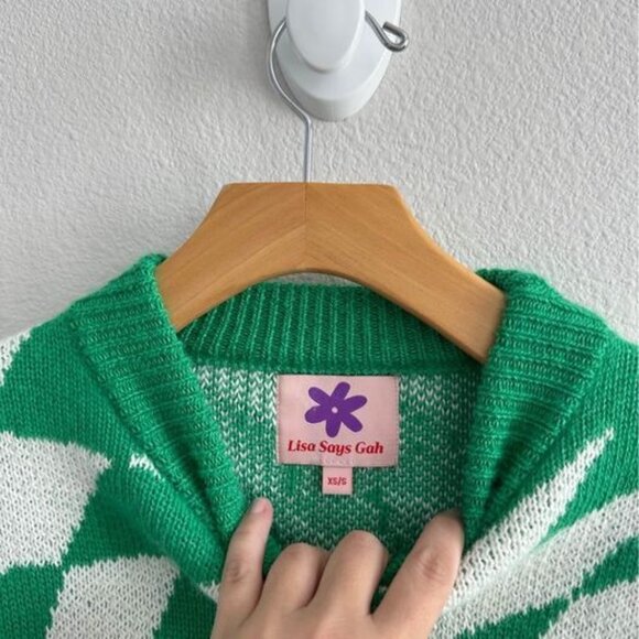 Lisa Says Gah Green Warped Psychedelic Checkered Cropped Sweater Sz XS/S - Picture 5 of 7